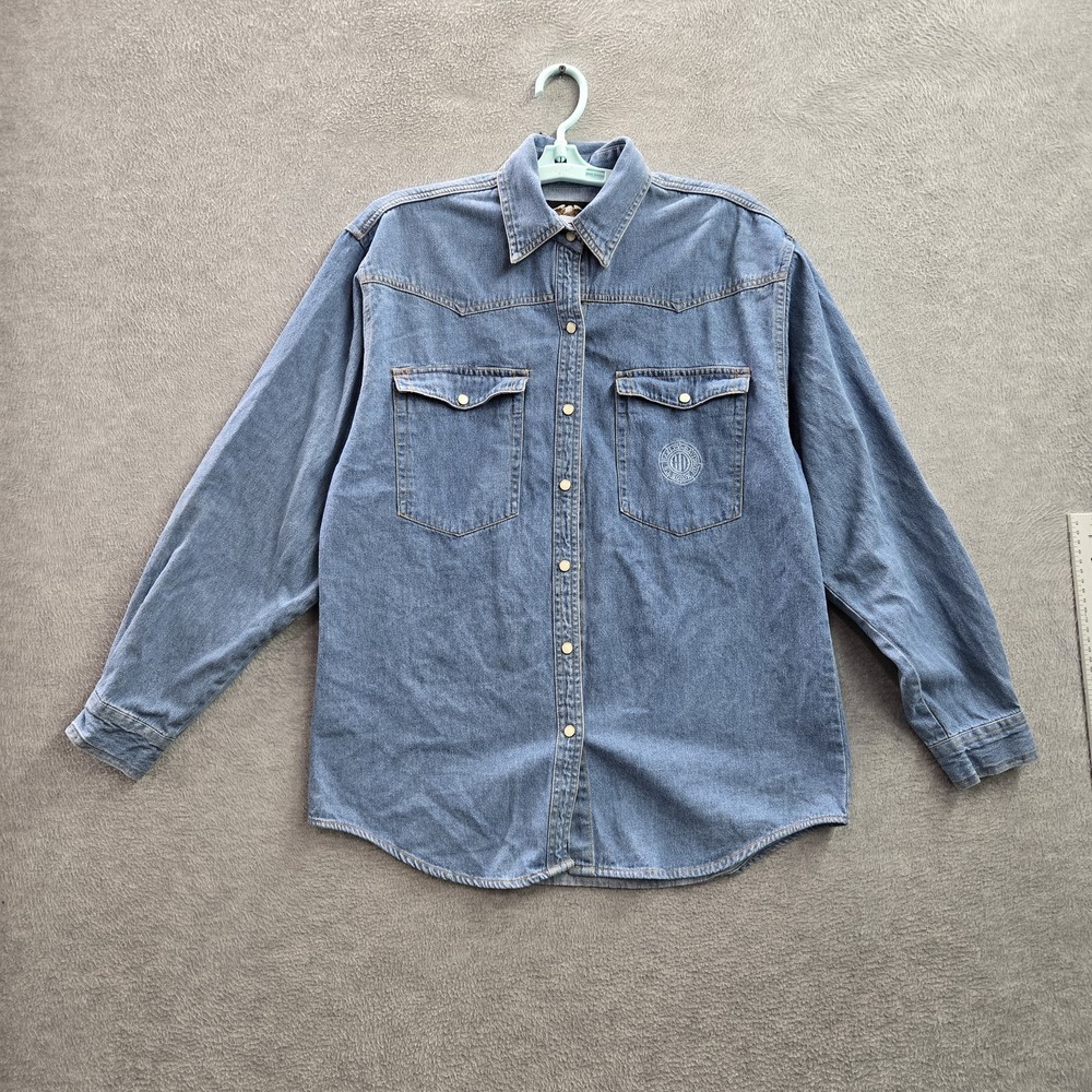 VINTAGE Harley-Davidson Women Button Up Shirt M Blue Denim Western Moto Logo Y2K
